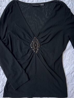The Limited Sheer Black Embellished Sequined V-Neck Top – Medium – Like New